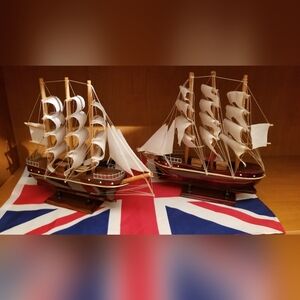 2 Wooden Model Ships & Flag